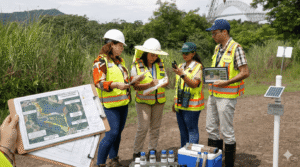 Field engineers in safety vests review maps and devices at an outdoor monitoring site with a solar-powered station nearby, on a dirt path surrounded by tall grass.
