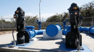 Industrial outdoor pump station with large blue pipelines and two vertical pumps behind a chain-link fence.