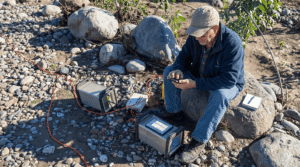 Man in a blue jacket and cap sitting on rocks at a beach, using a handheld device connected to electrical equipment for field measurements.
